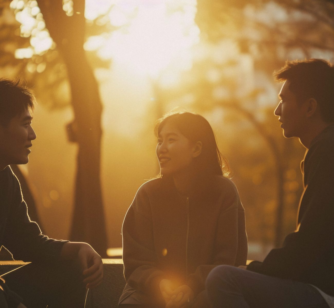 Highlight the intimacy found in quiet moments of non-monogamous relationships. Frame three individuals in a peaceful setting, engaged in a reflective or tender moment that speaks to the depth of their emotional connection. Cinematic photo, photography, with cinematic tones --ar 16:9 --style raw --v 6 Job ID: 12c16d84-8bd2-465d-b00c-7b4e24eae44e